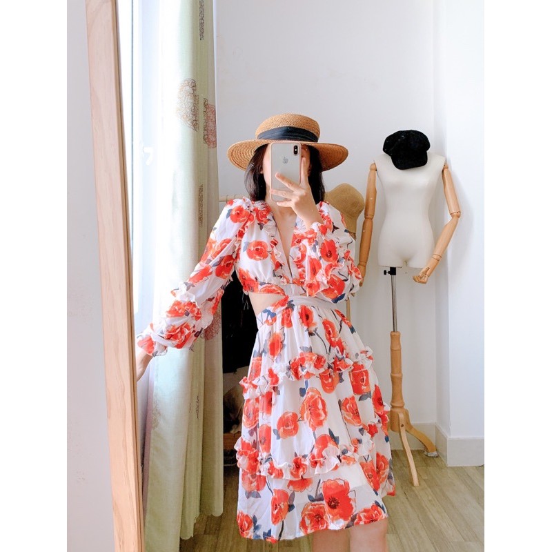 Đầm hoa cổ V cut eo váy đi biển mua hè