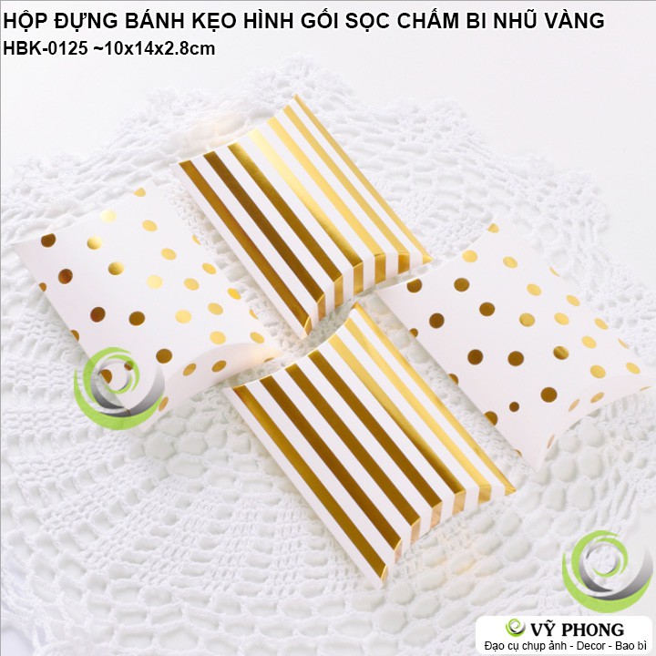 HỘP GIẤY ĐỰNG BÁNH KẸO HÌNH CHIẾC GỐI IN NHŨ VÀNG SỌC CHẤM BI SANG TRỌNG ĐỰNG QUÀ TẶNG DỊP LỄ TẾT HBK-0125