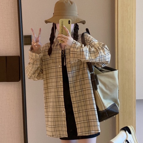 ZHELIHANGFEI Áo Sơ Mi Caro Tay Dài Dáng Rộng Thời Trang Cho Nữ