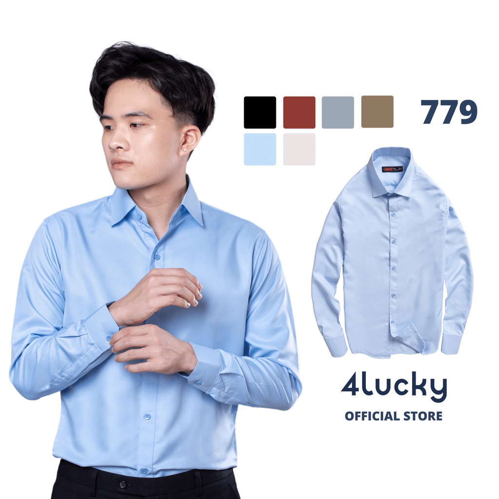 Áo sơ mi trơn nam dài tay cao cấp  - 4Lucky 779, Chất lụa ít nhăn, mát mẻ thoải mái