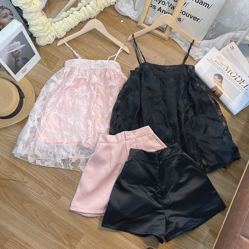 Set áo ren hình bướm 2 dây dáng xoè kèm quần short