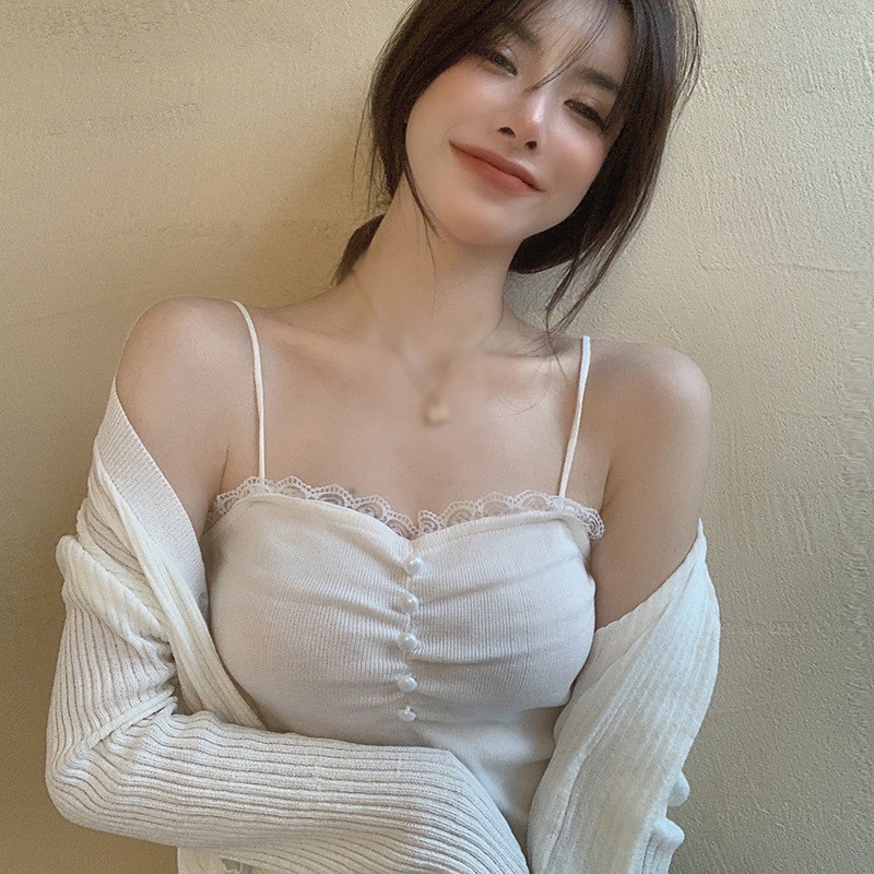 Áo Croptop Dệt Kim Phối Ren Hoa Thiết Kế Màu Trơn Thanh Lịch