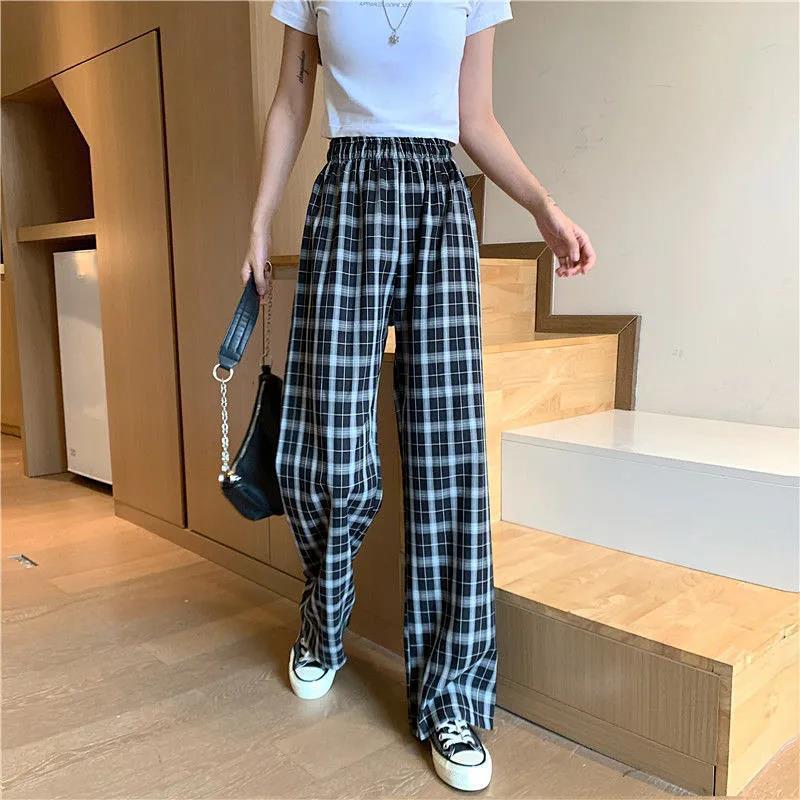 SUXI Quần Dài Nữ Ống Rộng Họa Tiết Caro Thời Trang Cá Tính