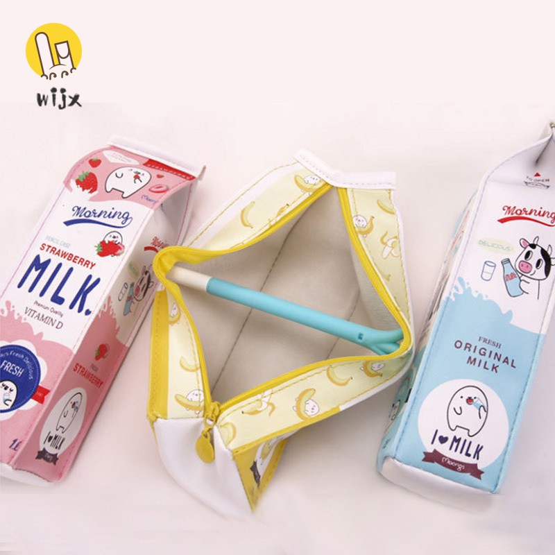 Túi Đựng Bút Bằng Da Pu Hình Hộp Sữa Dễ Thương Có Khóa Kéo Phong Cách Hàn Quốc