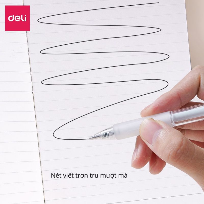 Bút gel bấm Deli 0.5mm, mực đen, vỏ trong suốt