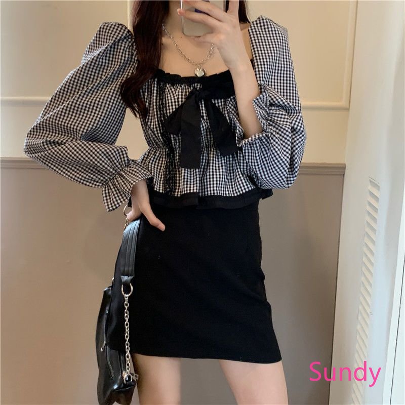 Áo Kiểu Tay Phồng Cổ Vuông Thắt Nơ Họa Tiết Sọc Caro Thời Trang Mùa Xuân Cho Nữ