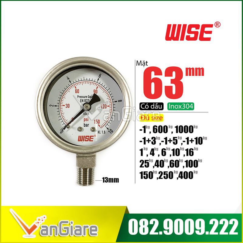 Đồng hồ đo áp suất nước khí hơi, chân không, chân đứng - WISE