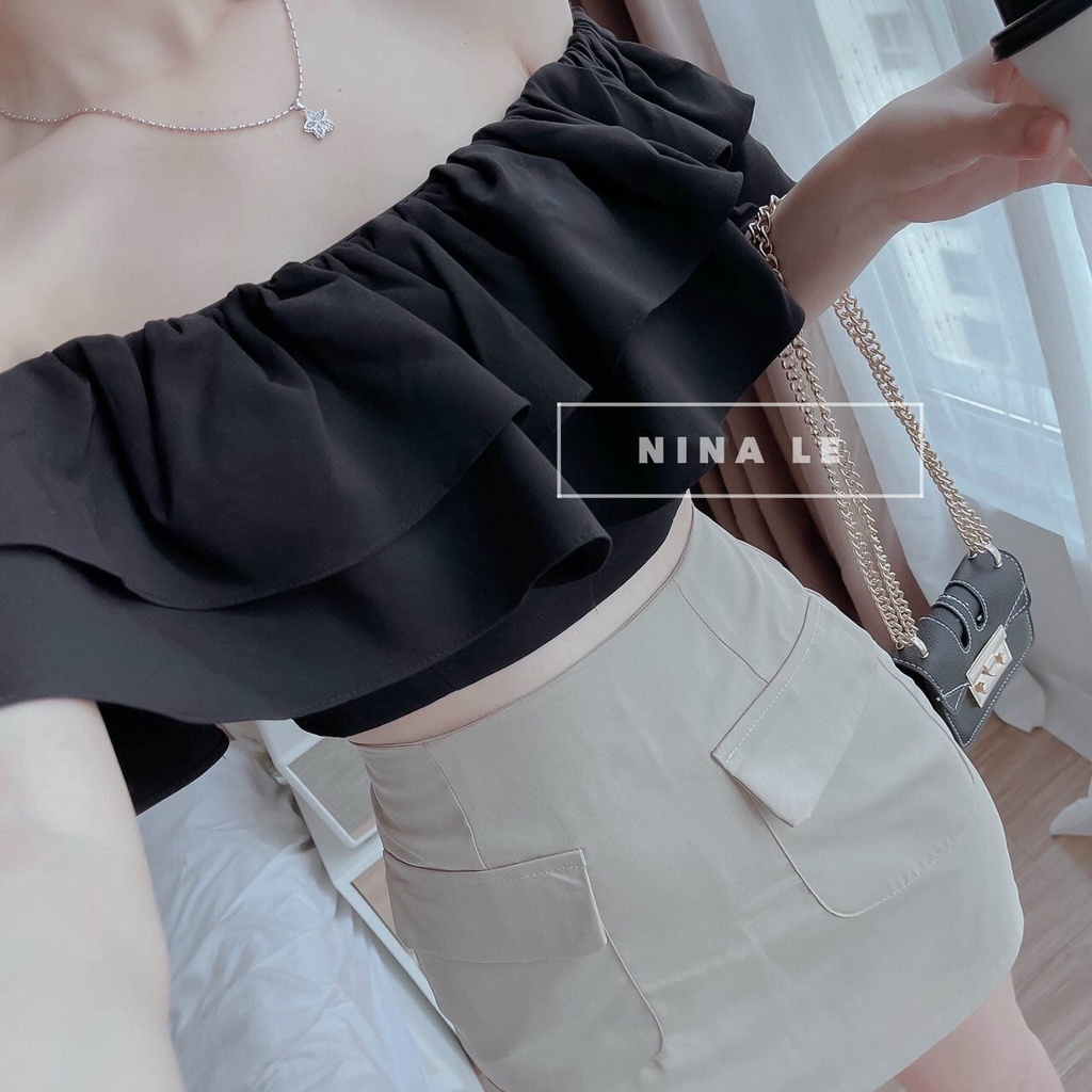 Sét váy nữ áo trễ vai màu đen kèm chân váy chữ A
