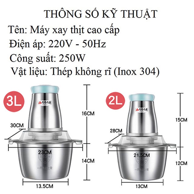 Máy xay thịt chính hãng 2 lít inox 304QIAO MA| Máy xay thịt đa năng chính hãng inox 3 lít, thực phẩm gia vị