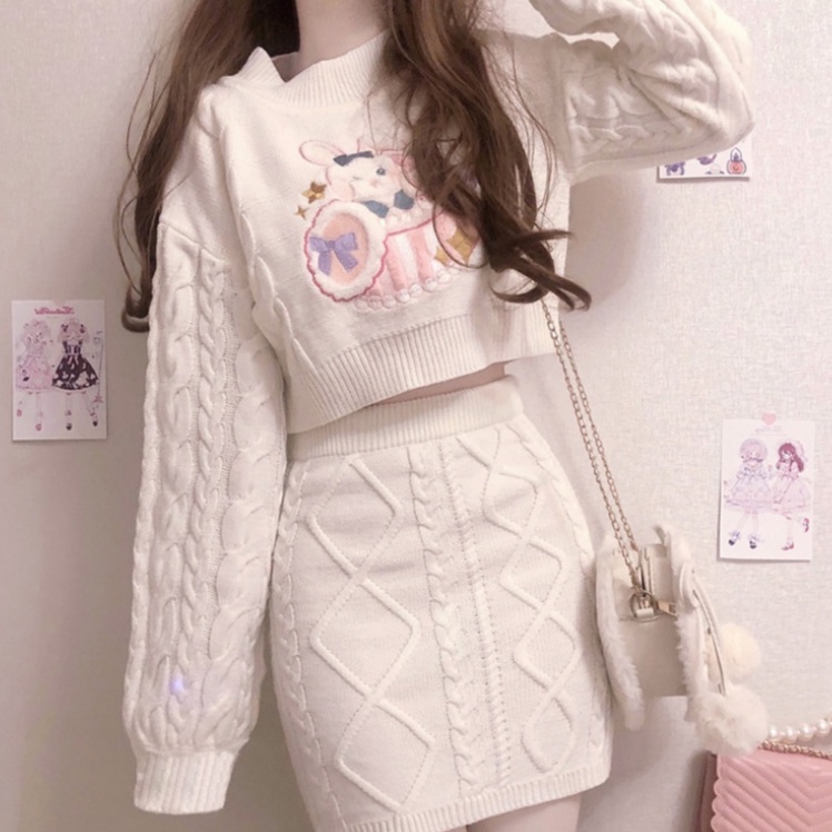 Bộ Áo Sweater Dệt Kim Phối Chân Váy Ngắn Thêu Hình Thỏ Mềm Mại Thời Trang Mùa Xuân Cho Nữ