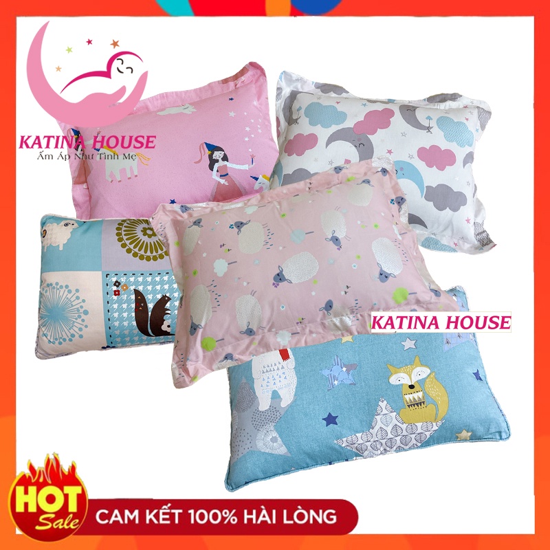 Gối cho bé 1-5 tuổi, gòn lông vũ nhân tạo mềm mịn an toàn, chất vải cotton satin hàn quốc mềm mát, họa tiết đẹp