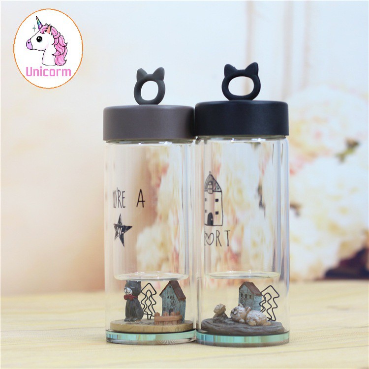 Bình trà thuỷ tinh black kitty ( 2 lớp) - [ có video quay thật ]