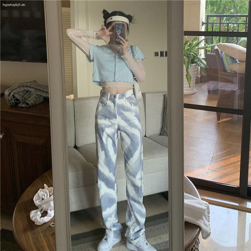 Quần Jeans Dài Ống Rộng Lưng Cao Màu Nhuộm Phong Cách Âu Mỹ Thời Trang Mùa Hè Cho Nữ