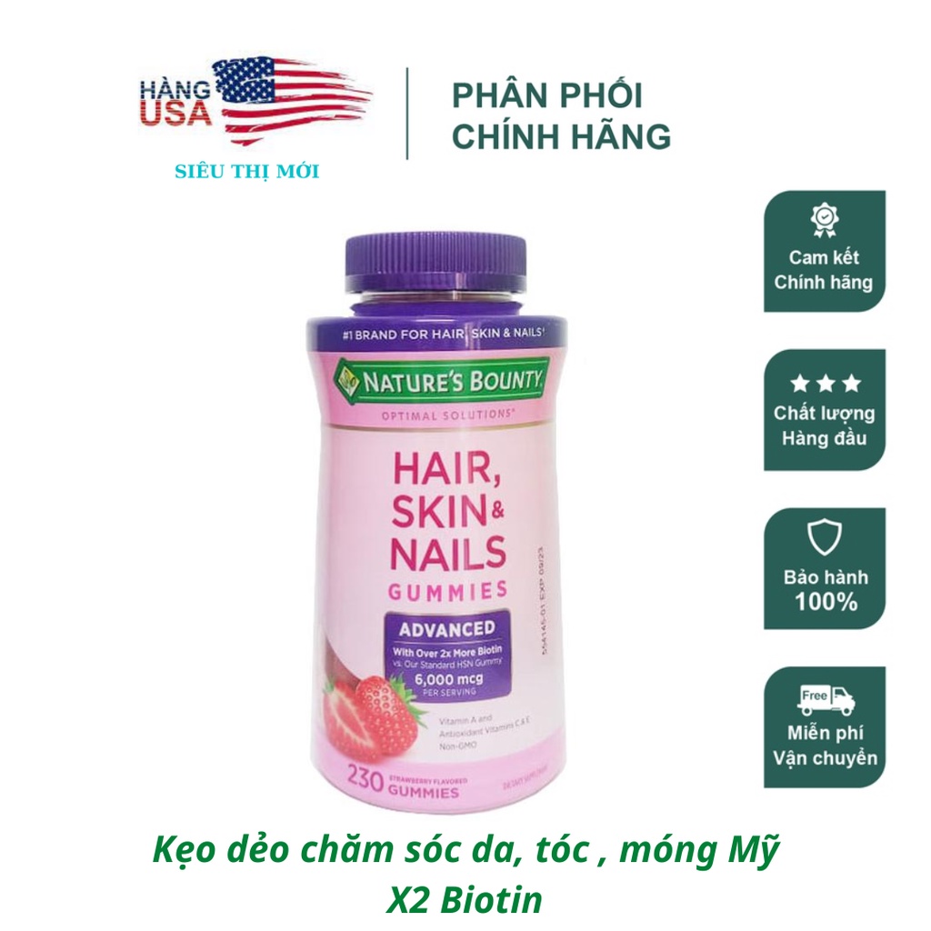 [CHẢY NHẸ 9/23] Kẹo dẻo Hair, Skin and Nails Gummies 230 viên - Mỹ
