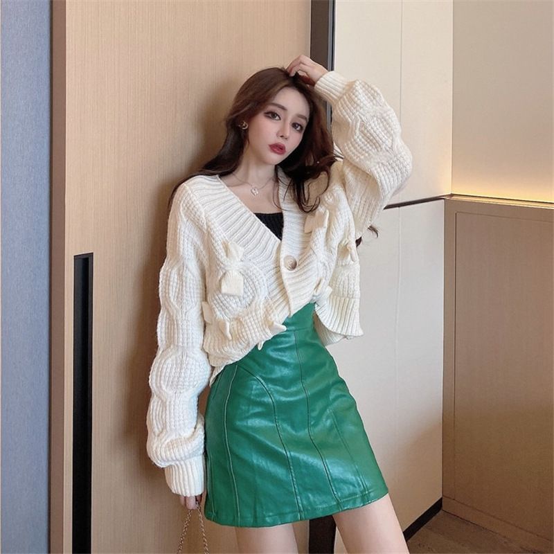 Áo khoác cardigan dệt kim ngắn dáng rộng đính nơ phong cách thu đông mới 2021 thời trang