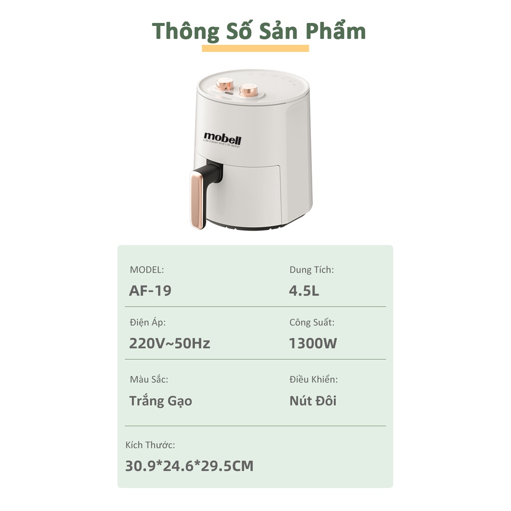 Nồi Chiên Không Dầu 4.2L mobell AF-19 Loại Bỏ 80% Dầu Mỡ Nút Cơ Đôi Chỉnh Tay