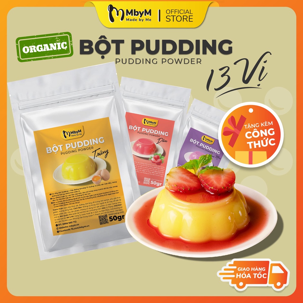 Bột Pudding, Plan, MbyM 50g các vị:Trứng, Caramel, Khoai môn, Matcha, Dâu, Chocolate