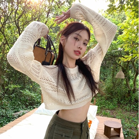 QKOOLE Áo croptop  dệt kim tay dài cổ tròn phong cách cổ điển Hàn Quốc cho nữ
