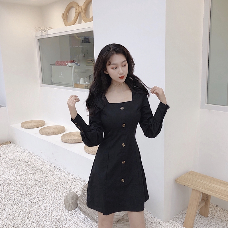 Đầm Midi tay dài cổ vuông phong cách Hàn Quốc | BigBuy360 - bigbuy360.vn
