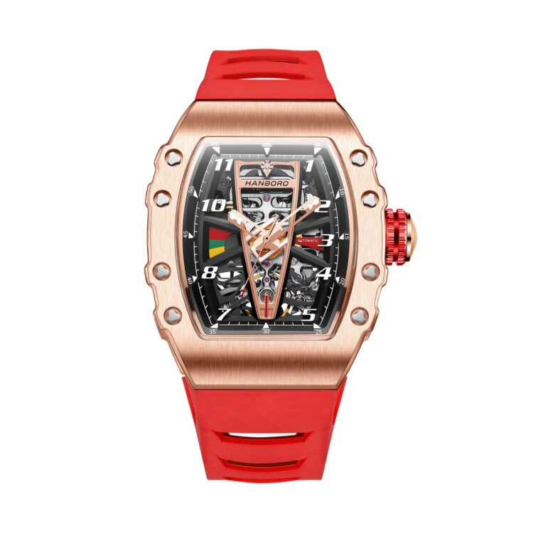 Đồng Hồ Nam Hanboro Automatic HBR983 , Dây Cao Su Màu Đỏ , Size 41x50mm fullbox