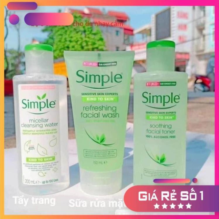 5[COMBO] Sữa rửa mặt, Tẩy trang, Nước hoa hồng Simple sạch sâu, dịu nhẹ cho da nhạy cảm