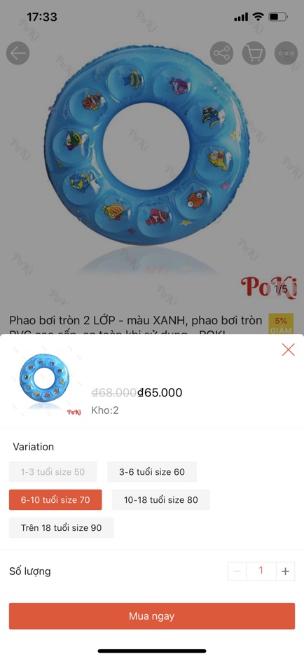 Phao tròn 2 lớp cho bé 5-10 tuổi đường kính 70cm