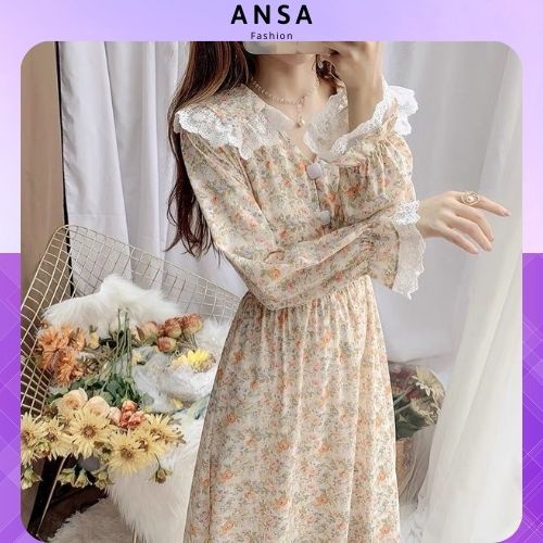 Váy hoa nhí vintage dáng dài phối ren cổ áo và tay áo