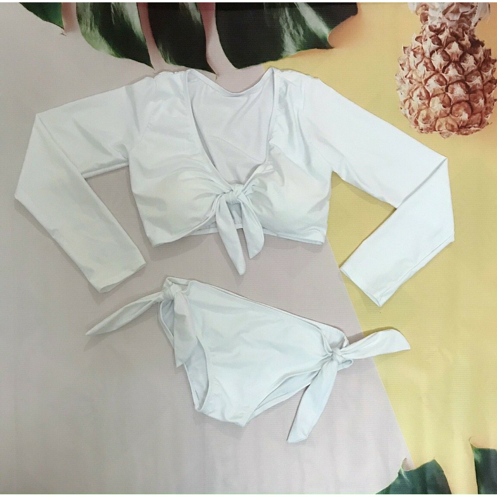 Bikini bộ bơi đi biển tay dài phối nơ trắng siêu dễ thương EVA TDNT