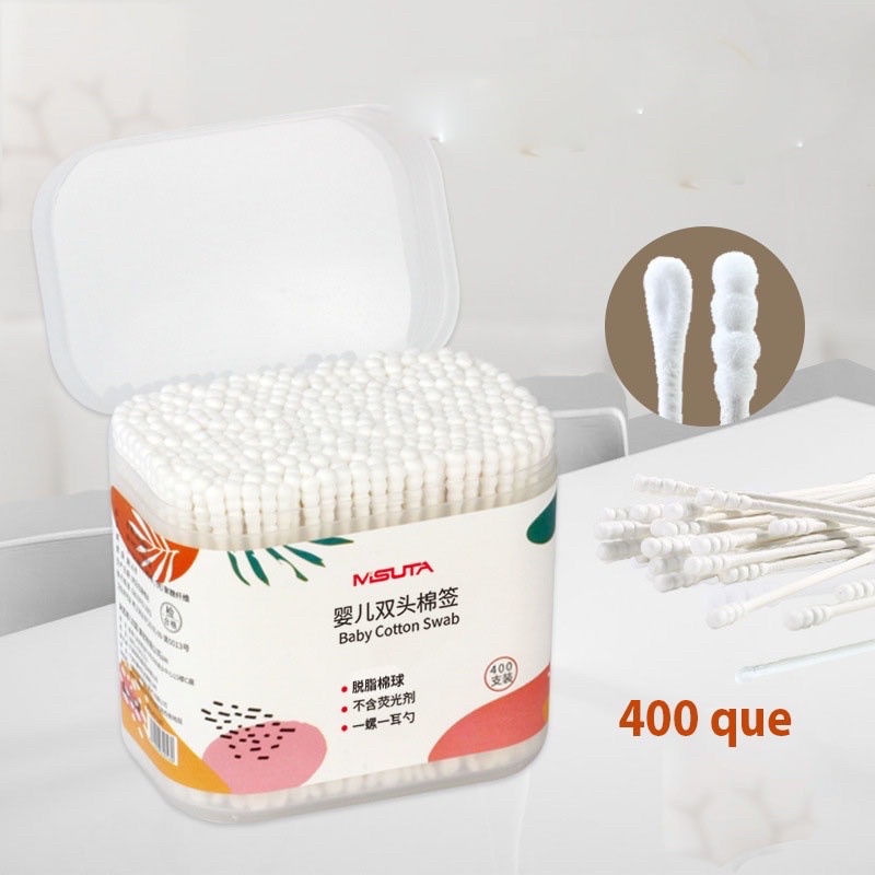 Tăm Bông Cho Bé Sơ Sinh, Tăm Bông Misuta Bông Tự Nhiên Hộp 400 Que