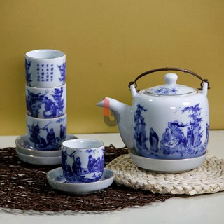 THƯỞNG TRÀ với bộ tách trà gốm sứ men lam vẽ trúc lâm thất hiền chỉ vàng kim, bộ tách trà gốm sứ, bộ ấm pha trà, bộ ấm