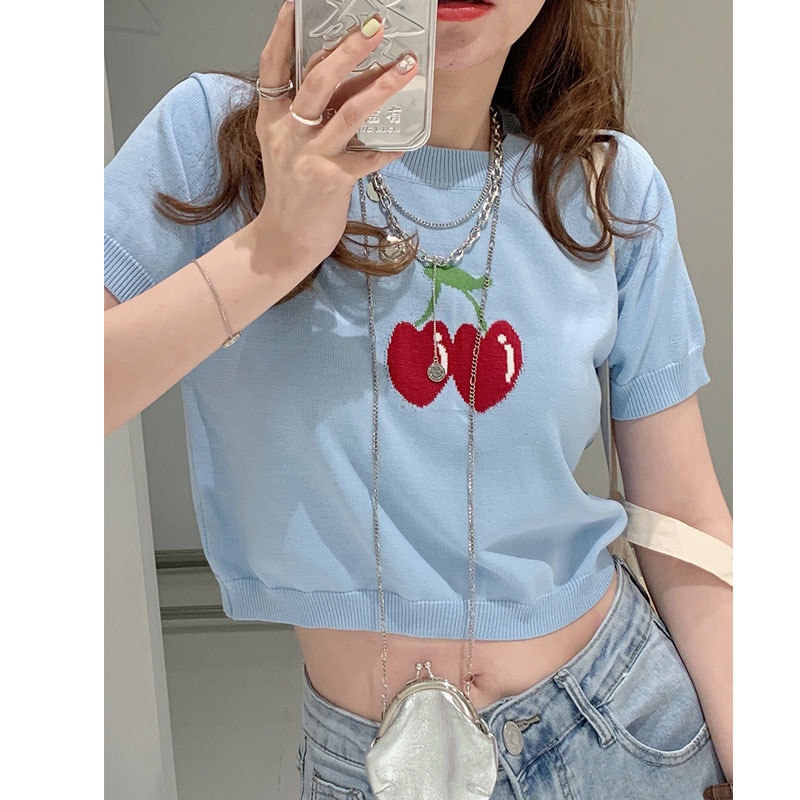 Áo Croptop Dệt Kim Tay Ngắn In Hình Quả Cherry Dễ Phối Đồ Thời Trang Cho Nữ
