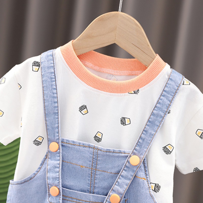 Set Áo Thun Cổ Tròn &amp; Quần Yếm Denim Cho Bé