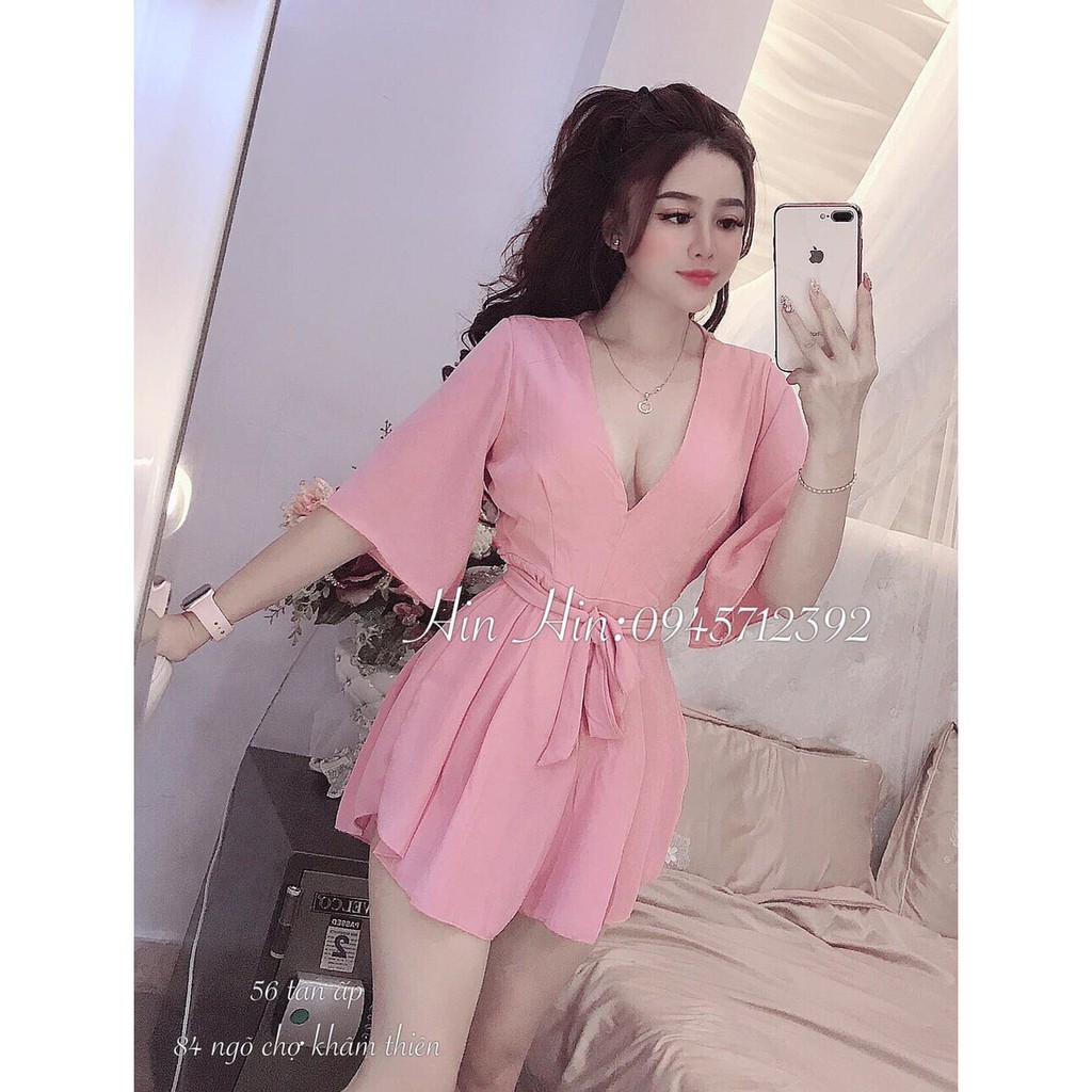BG jum ngắn vol lụa kiểu cổ V cột eo tiểu thư
