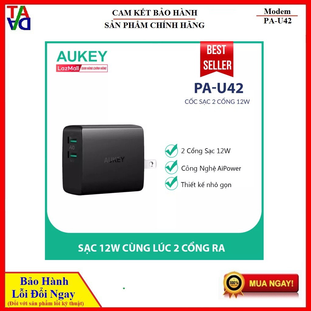 Cốc Sạc 2 Cổng Aukey PA-U42 Công Nghệ AiPower Tự Động Điều Chỉnh Dòng Điện Thông Minh Công Suất 24W- Chính Hãng