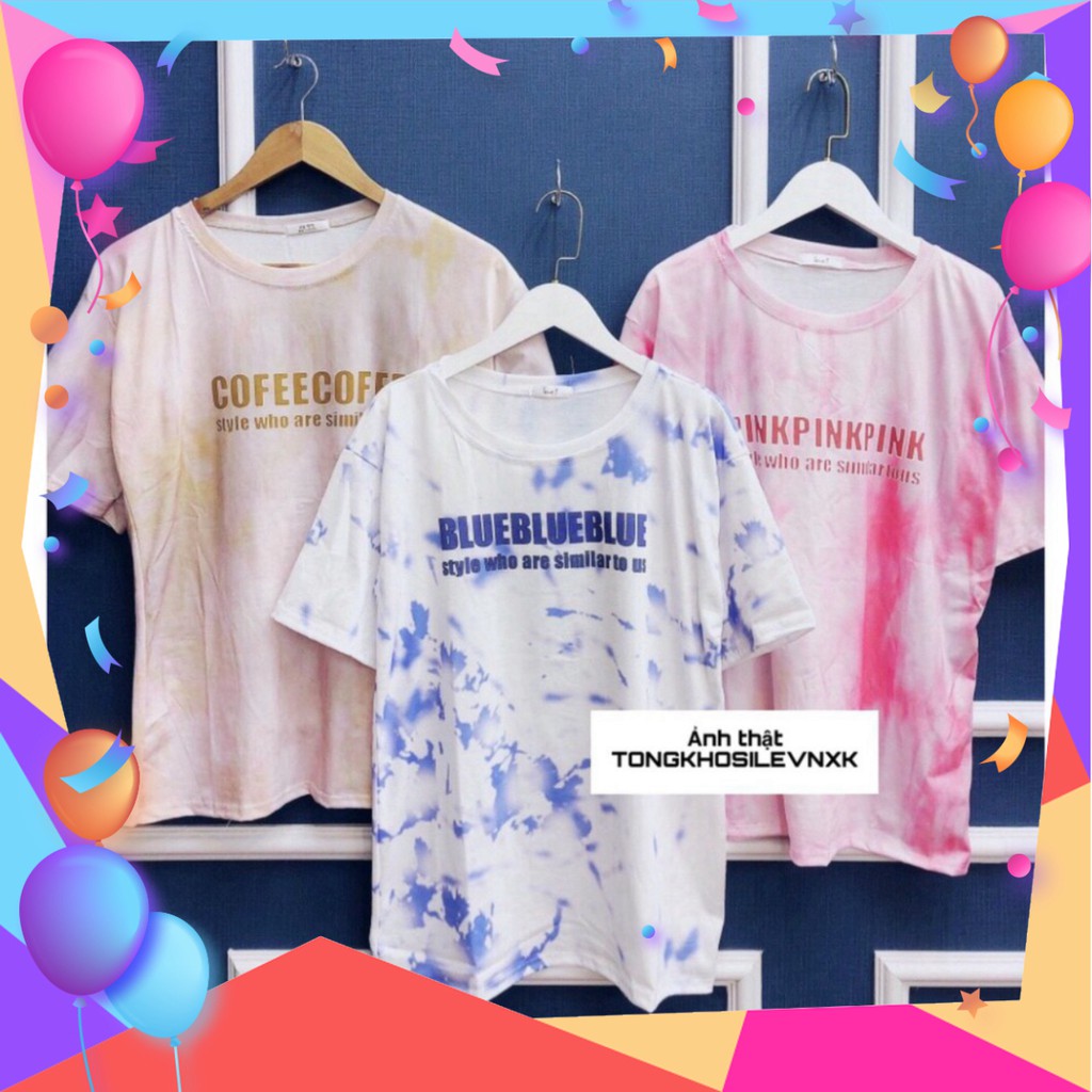 Áo Phông Loang In Chữ COFFE-PINK-BLUE Unisex 3 Màu - Áo Loang Thun mix màu Cofee Xanh Hồng Nâu Nam Nữ