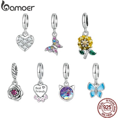 Mặt vòng tay BAMOER bạc 925 hình trái tim/ hoa hồng/ bướm/ mèo dành cho nữ