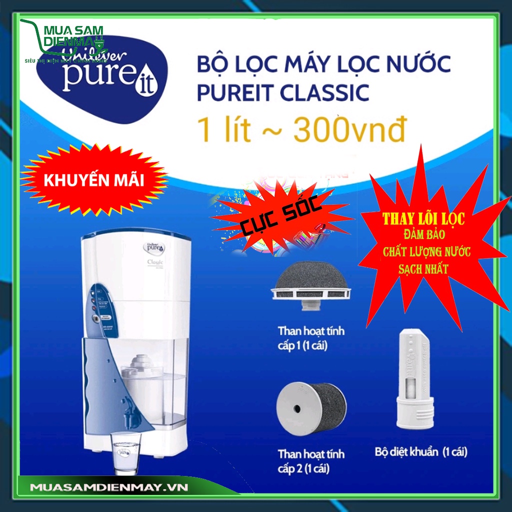 Bộ 3 lõi lọc Pureit Classic thay thế máy lọc nước uống để bàn không dùng điện Pureit Classic công suất lọc 3000L