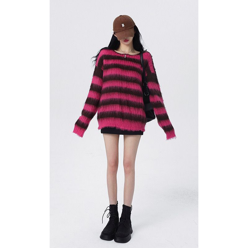 Áo Sweater Dệt Kim Mỏng Kẻ Sọc Thời Trang Mùa Thu Năng Động