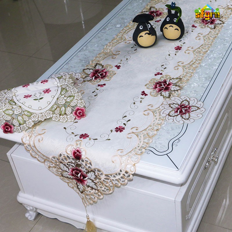 Sfyre Fashion Table Runner Embroidered Floral Lace TV Cabinet Dust Proof Covers For Home Party Wedding Tables Flag Decoration