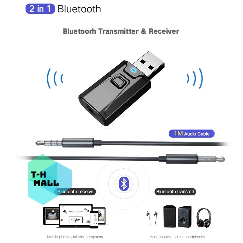 Thiết bị thu phát USB Bluetooth 5.0 2 in 1 chuyển đổi 3.5mm AUX sang tín hiệu Bluetooth