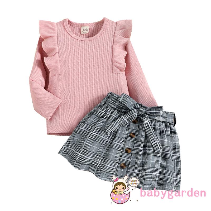 Set Đồ Mùa Thu 2 Món Gồm Áo Thun Tay Dài Có Gân Màu Trơn + Chân Váy Caro Kèm Thắt Lưng Cho Bé Gái 6 Tháng Tuổi