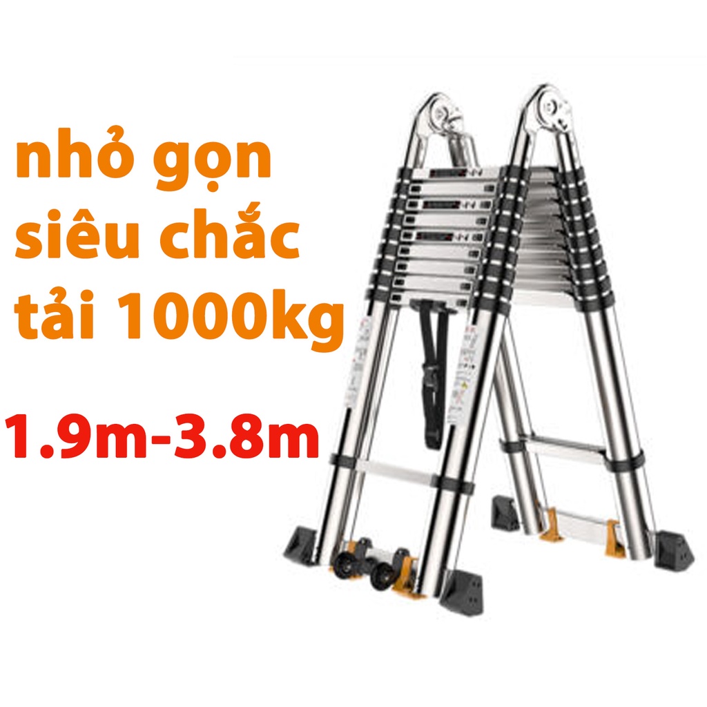 Thang Inox Rút Đôi Nhật Bản Chữ cao A : 1.9m Duỗi 3.8m Có Bánh Xe DAKITA AI-190 Tải trọng 1000kg Siêu Chắc Chắn