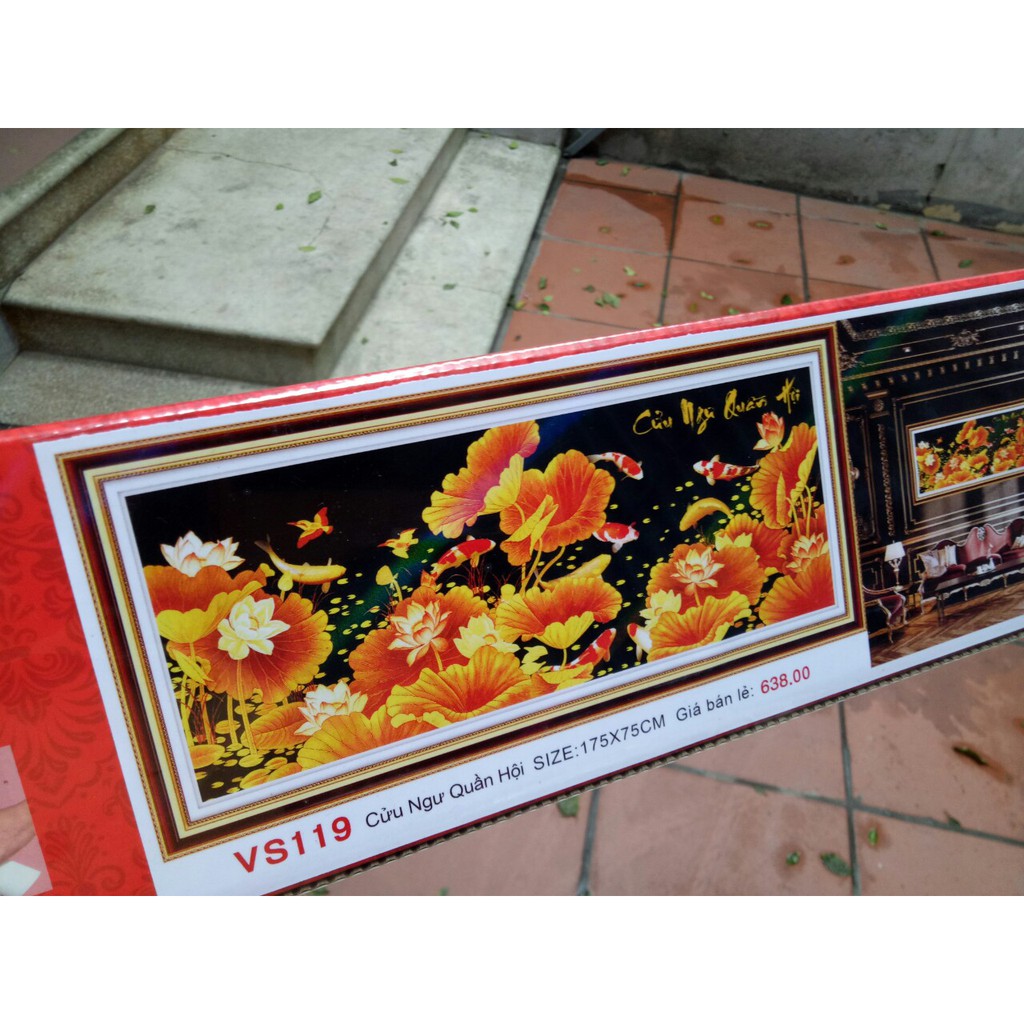 tranh đính đá cá chép hoa sen cữu ngư quần hội kt  175x75cm