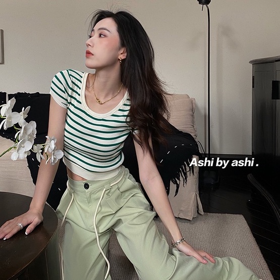 【ZHELIHANGFEI】Áo Thun Tay Ngắn Họa Tiết Kẻ Sọc Màu Sắc Tương Phản Dễ Phối Đồ