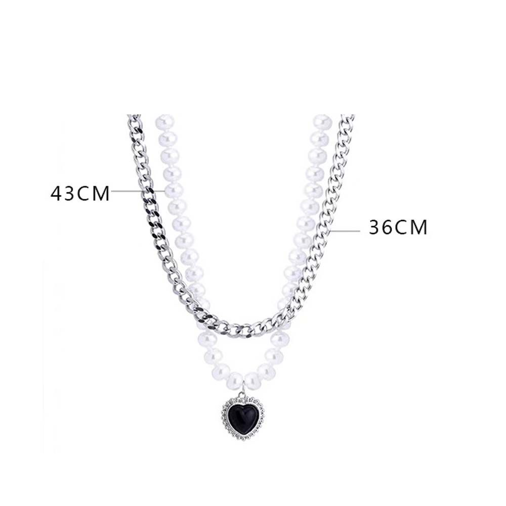 Dây chuyền hai lớp bằng hợp kim phối ngọc trai giả mặt màu đen phong cách hip hop thời trang Hàn Quốc cổ điển cho nữ