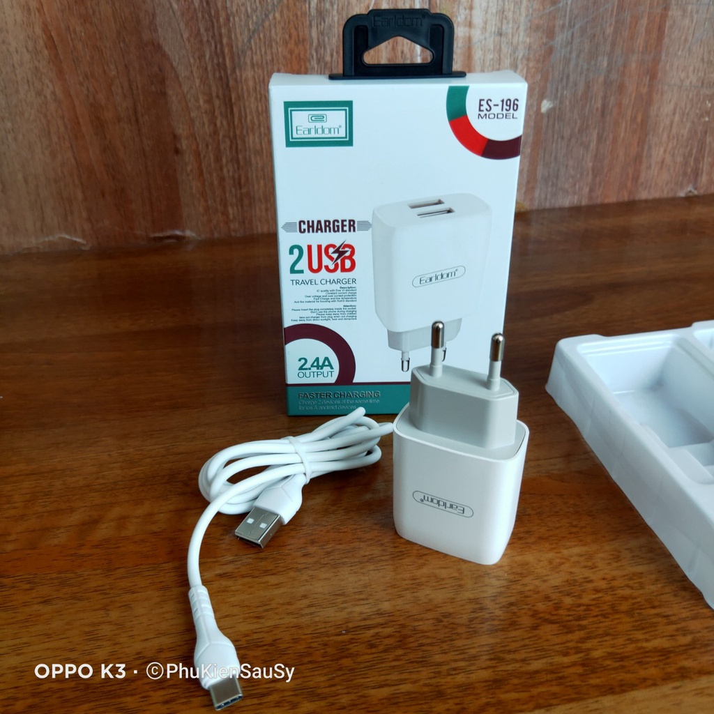 Bộ sạc Earldom ES-196 Củ 2 cổng ra Usb kèm dây Cáp chuẩn sạc nhanh 2.4A chống rò rỉ điện