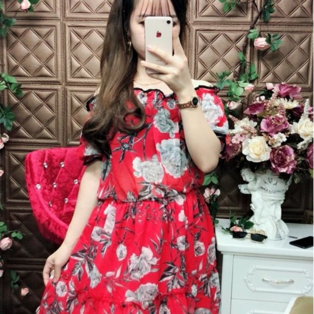 Váy von Quang Châu đẹp lung linh, váy trễ vai siêu xinh, chun eo, dáng xòe che đi khuyết điểm, măc đi chôi, đi biển thậ