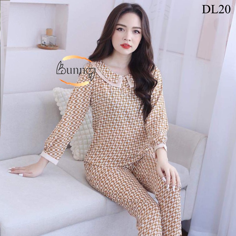 QUẦN ÁO MẶC NHÀ CHẤT LIỆU LỤA MANGO CỔ LÁ DUYÊN DÁNG, MẶC NHÀ SAU SINH HỌA CARO XINH FOM DÁNG ĐẸP