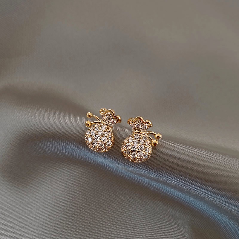 Khuyên Tai Hình Túi Tiền Đính Đá Zircon Sang Trọng Mạ Bạc 925 / Bông Tai