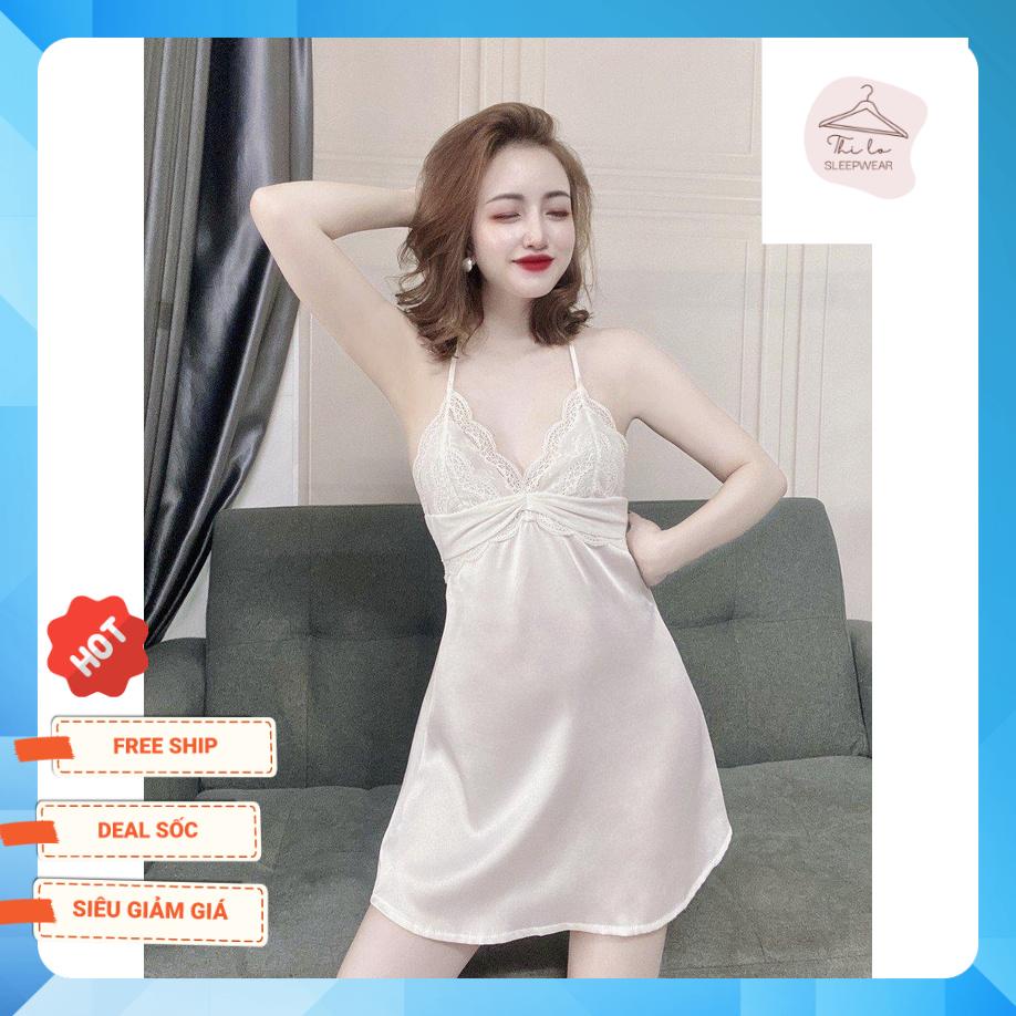 Váy ngủ sexy chữ T phối ren mềm Váy ngủ lụa satin siêu đẹp